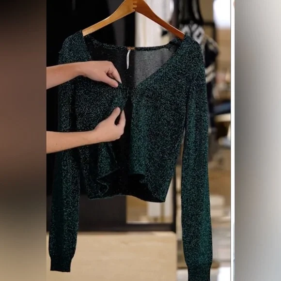 FREE PEOPLE Emmaline Metallic Cardigan Sweater in Alpine Combo - Picture 6 of 13